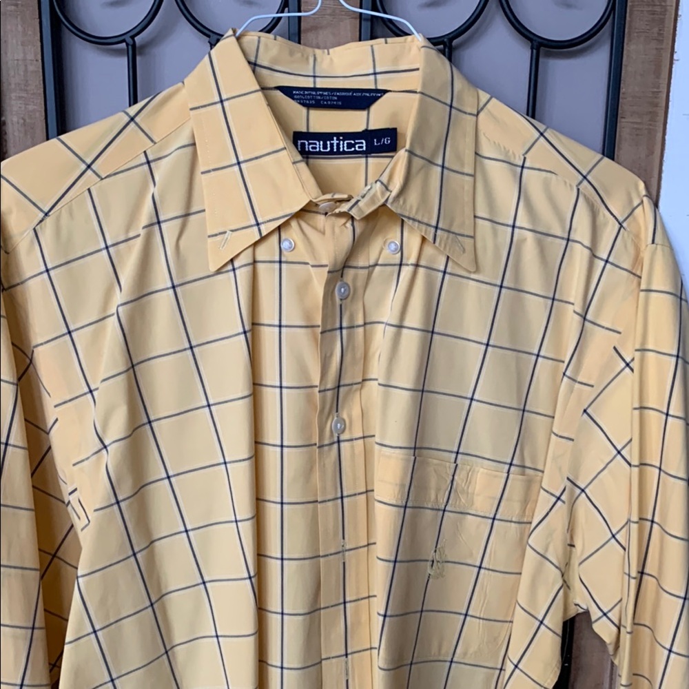 Nautica Yellow Casual Button Down Shirt with Windowpane Pattern